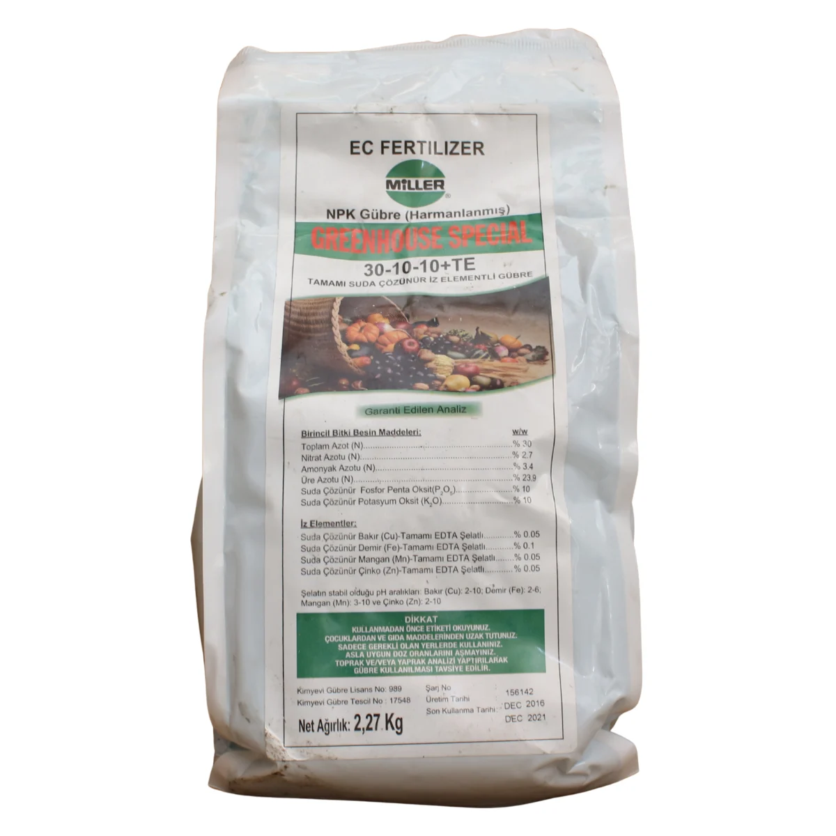 EC Fertilizer Miller Greenhouse Special 30-10-10 + TE Tamamı Suda Çözünür NPK Gübre | İz Elementli Yüksek Azotlu Bitki Gübresi ürünü
